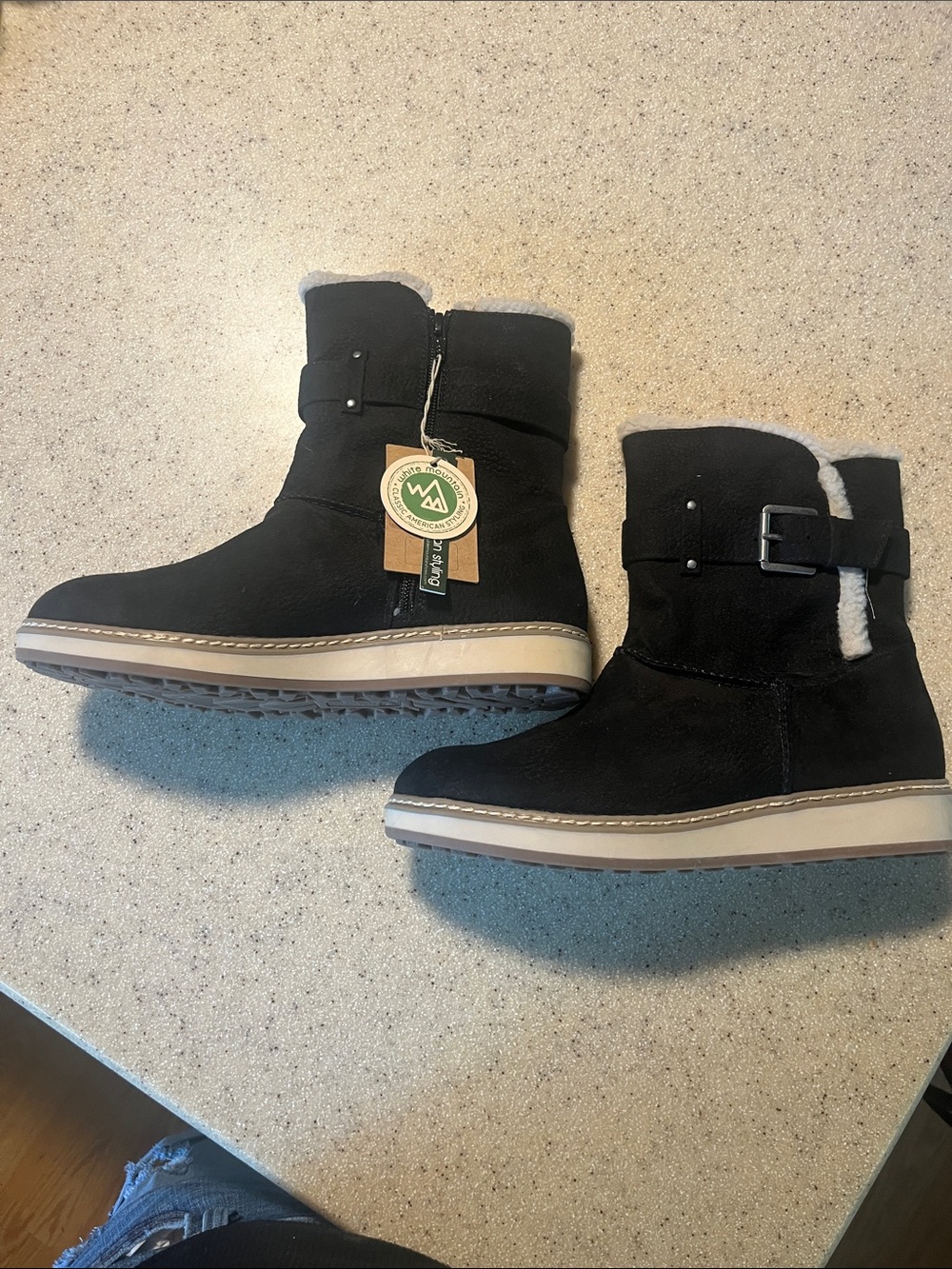White Mountain Black Suede Ankle Booties with Shearling Trim